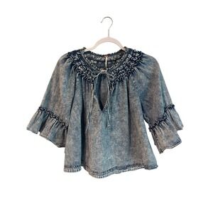 Free People Denim Smocked Peasant Blouse Top Blue Acid Wash XS Bell Sleeve